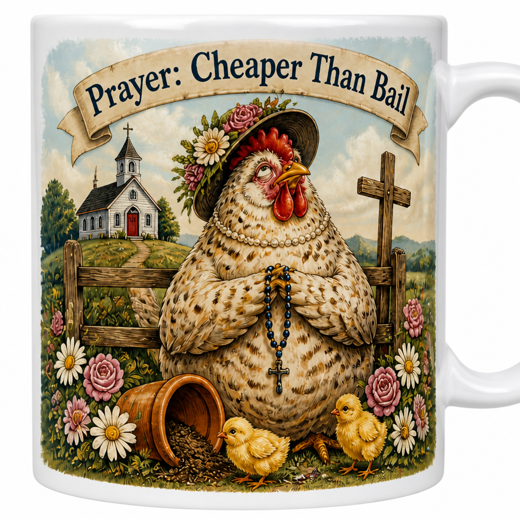 Sunday Hat Hen Ceramic Mug - Christian Coffee Mug, detail view