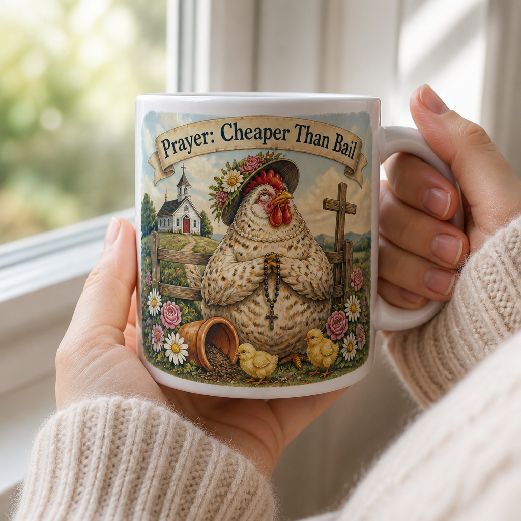 Sunday Hat Hen Ceramic Mug - Christian Coffee Mug, styled in the home