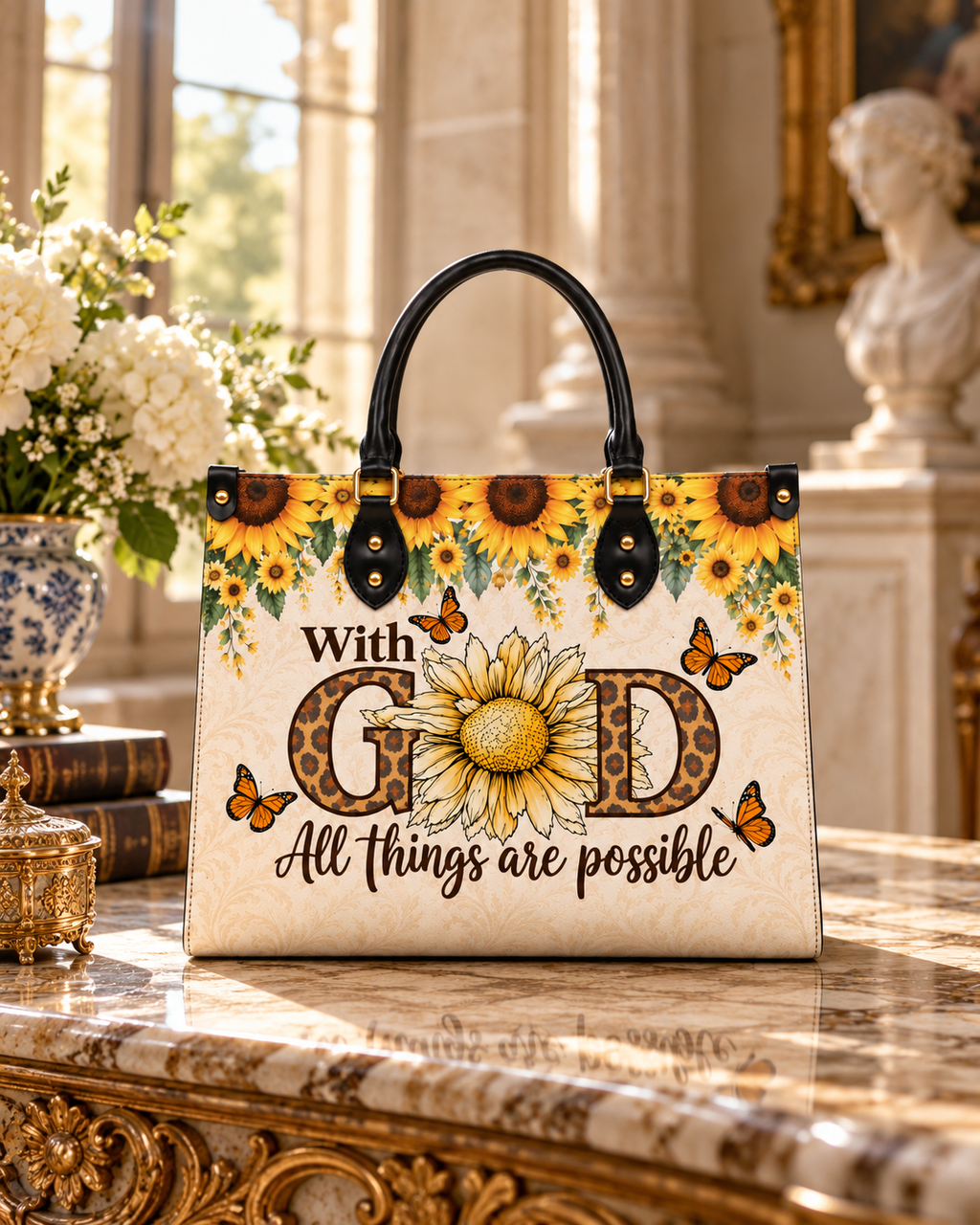 Sunflower Faith PU Leather Handbag - Christian Handbag, hanging display