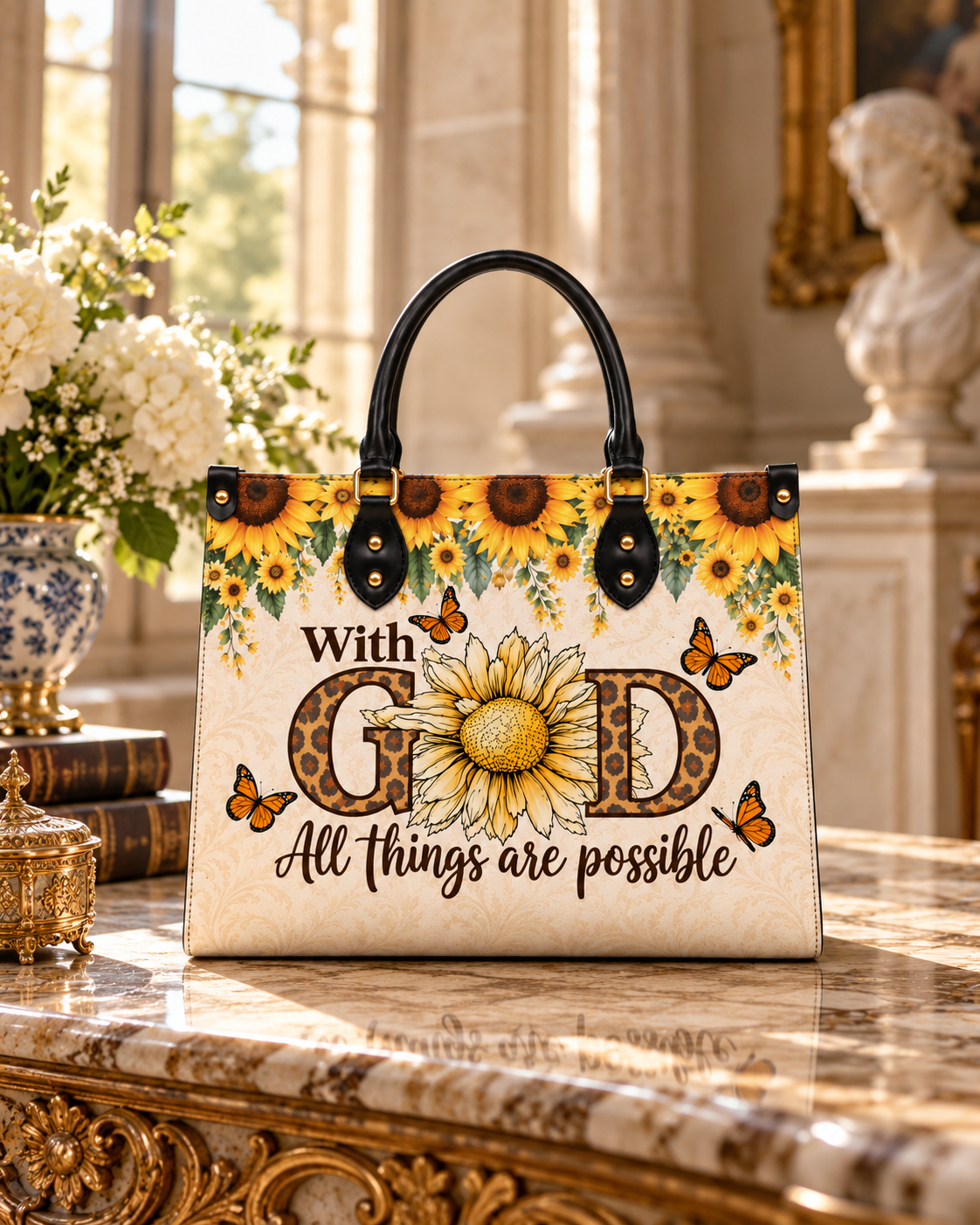 Sunflower Faith PU Leather Handbag - Christian Handbag, hanging display