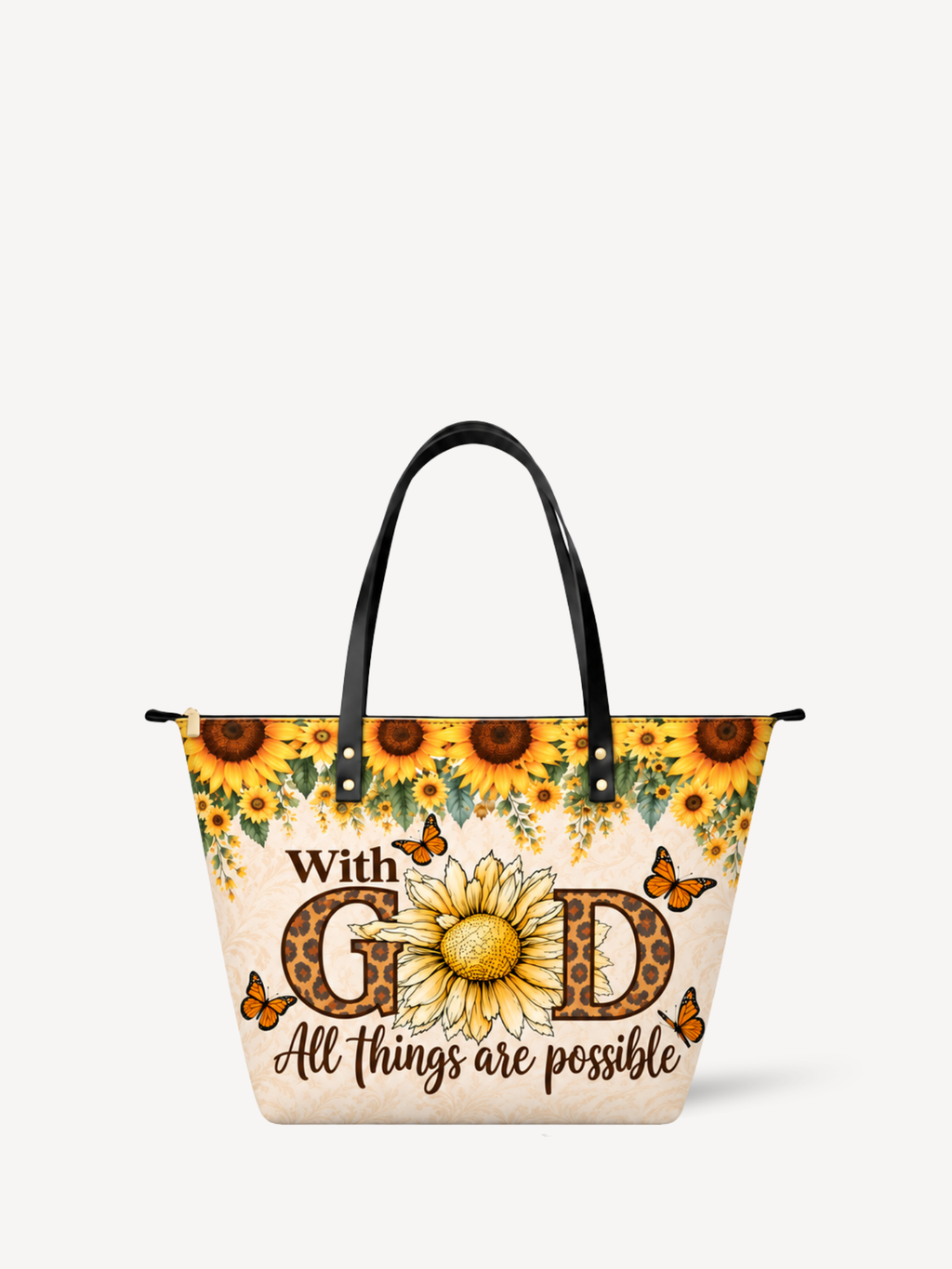 Sunflower Faith PU Leather Tote Bag - Christian Tote Bag, front view