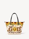 Sunflower Faith PU Leather Tote Bag - Christian Tote Bag, front view