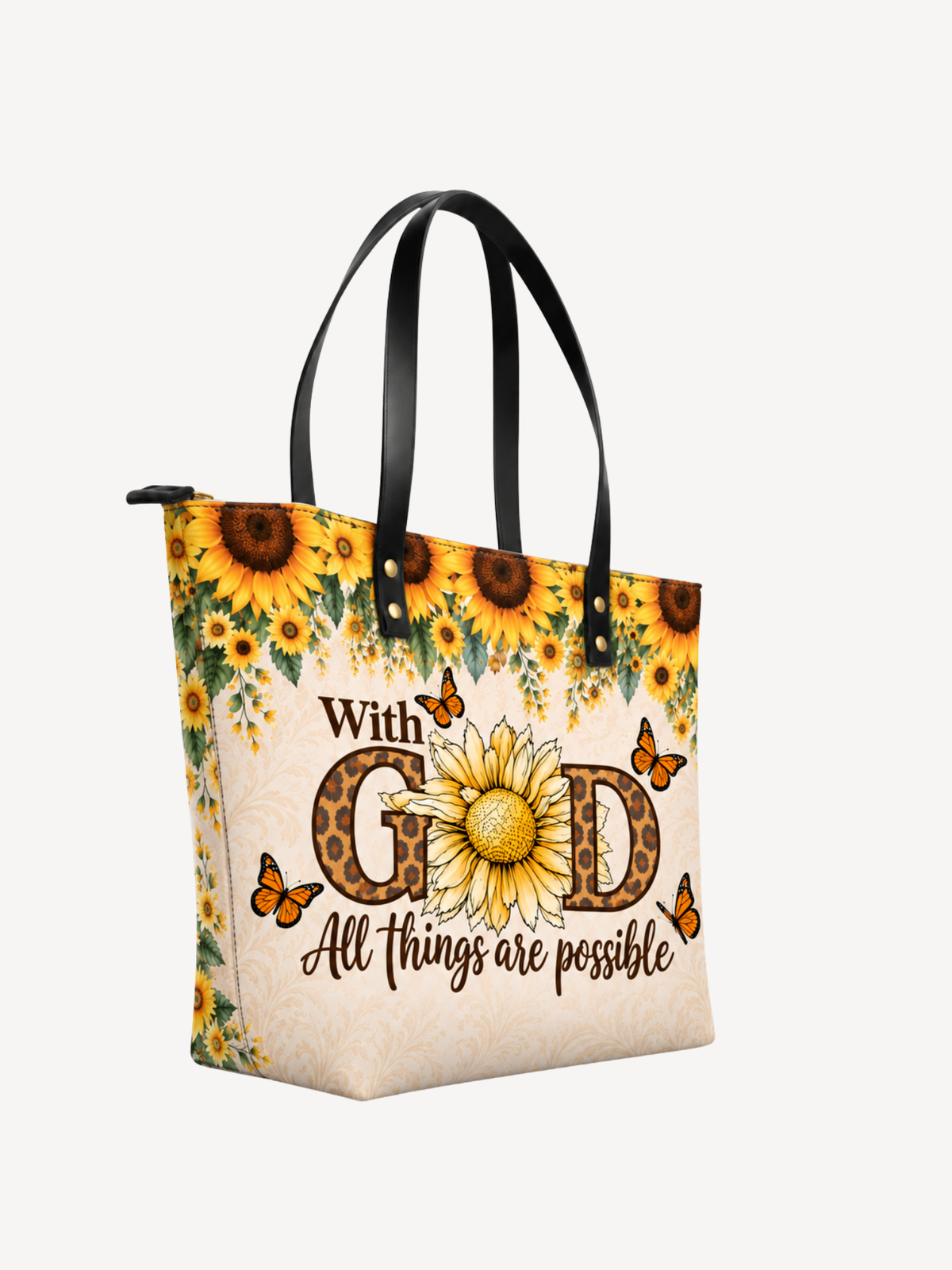 Sunflower Faith PU Leather Tote Bag - Christian Tote Bag, detail view