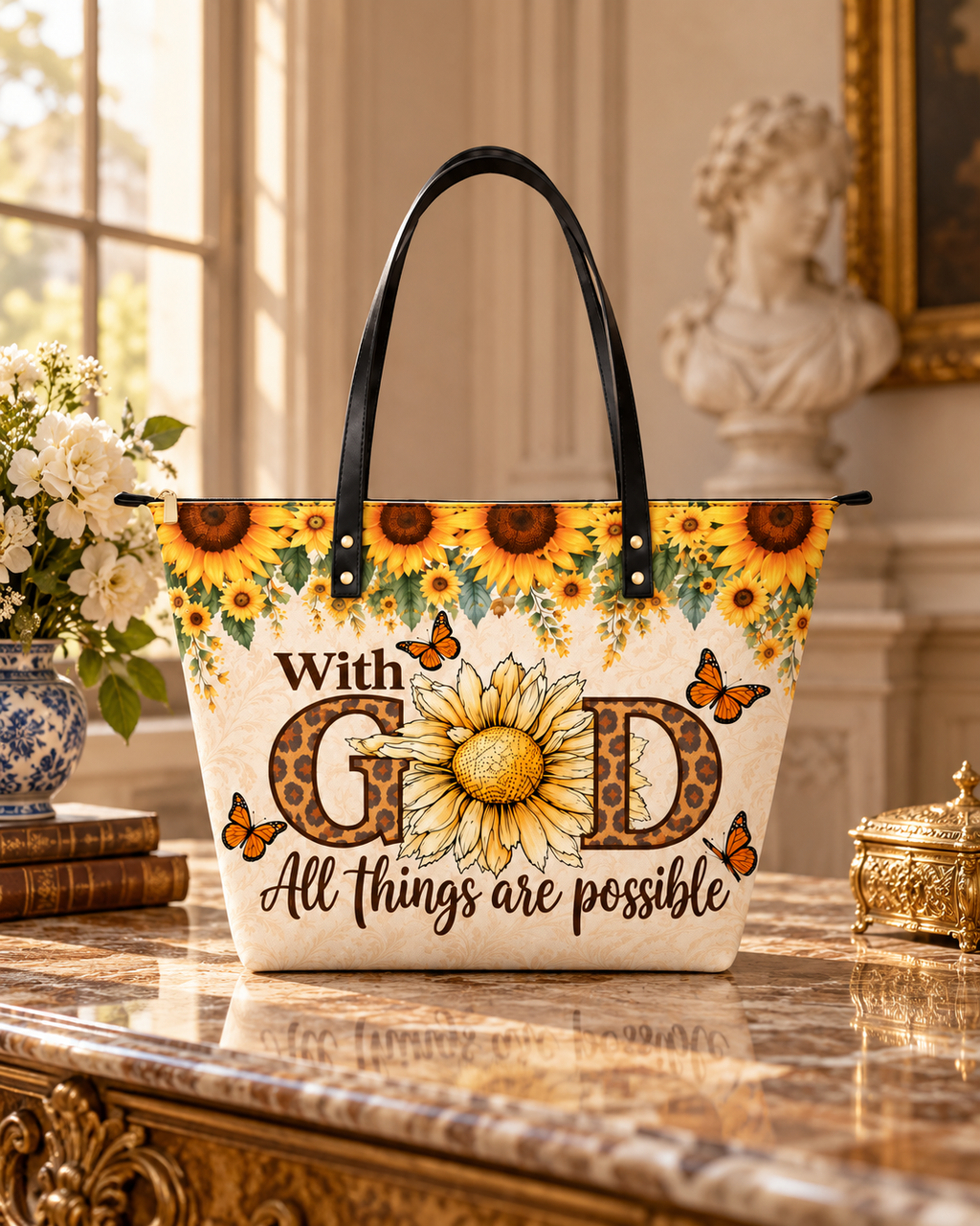 Sunflower Faith PU Leather Tote Bag - Christian Tote Bag, close-up of the print