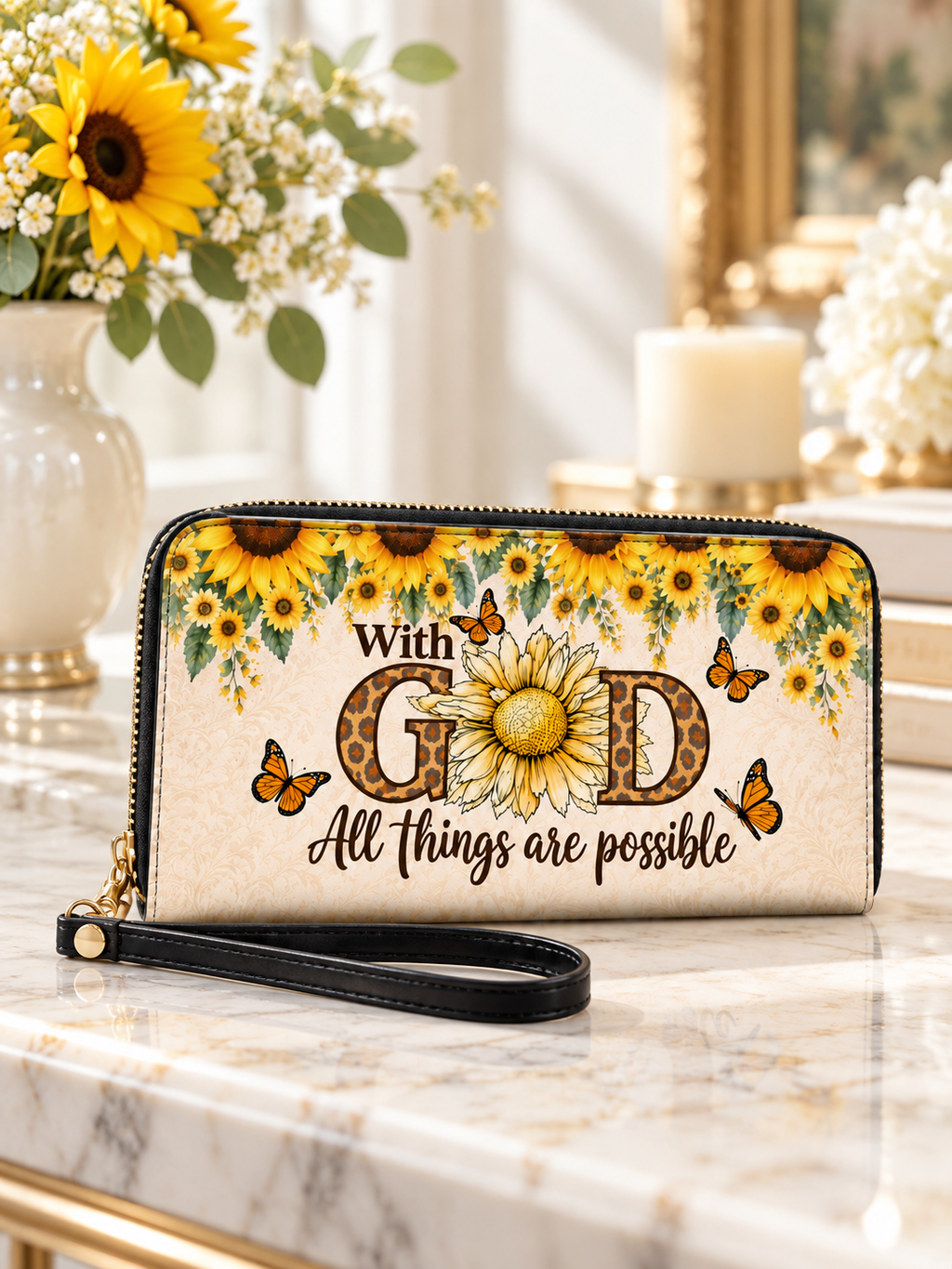 Sunflower Faith PU Leather Wallet - Christian Wallet, hanging display