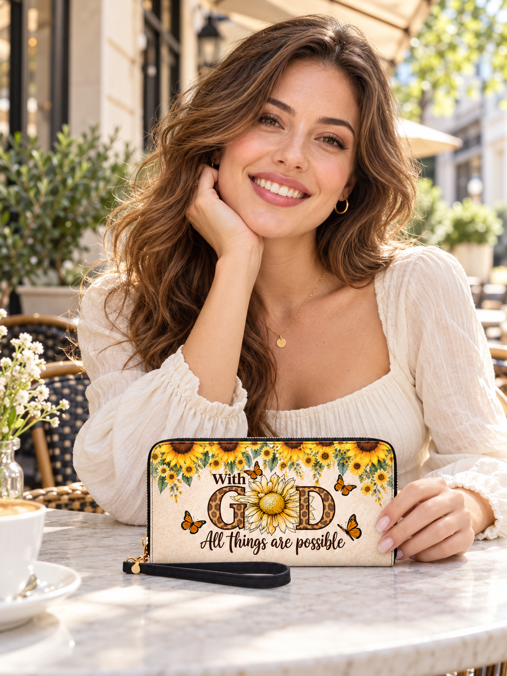 Sunflower Faith PU Leather Wallet - Christian Wallet, close-up of the print