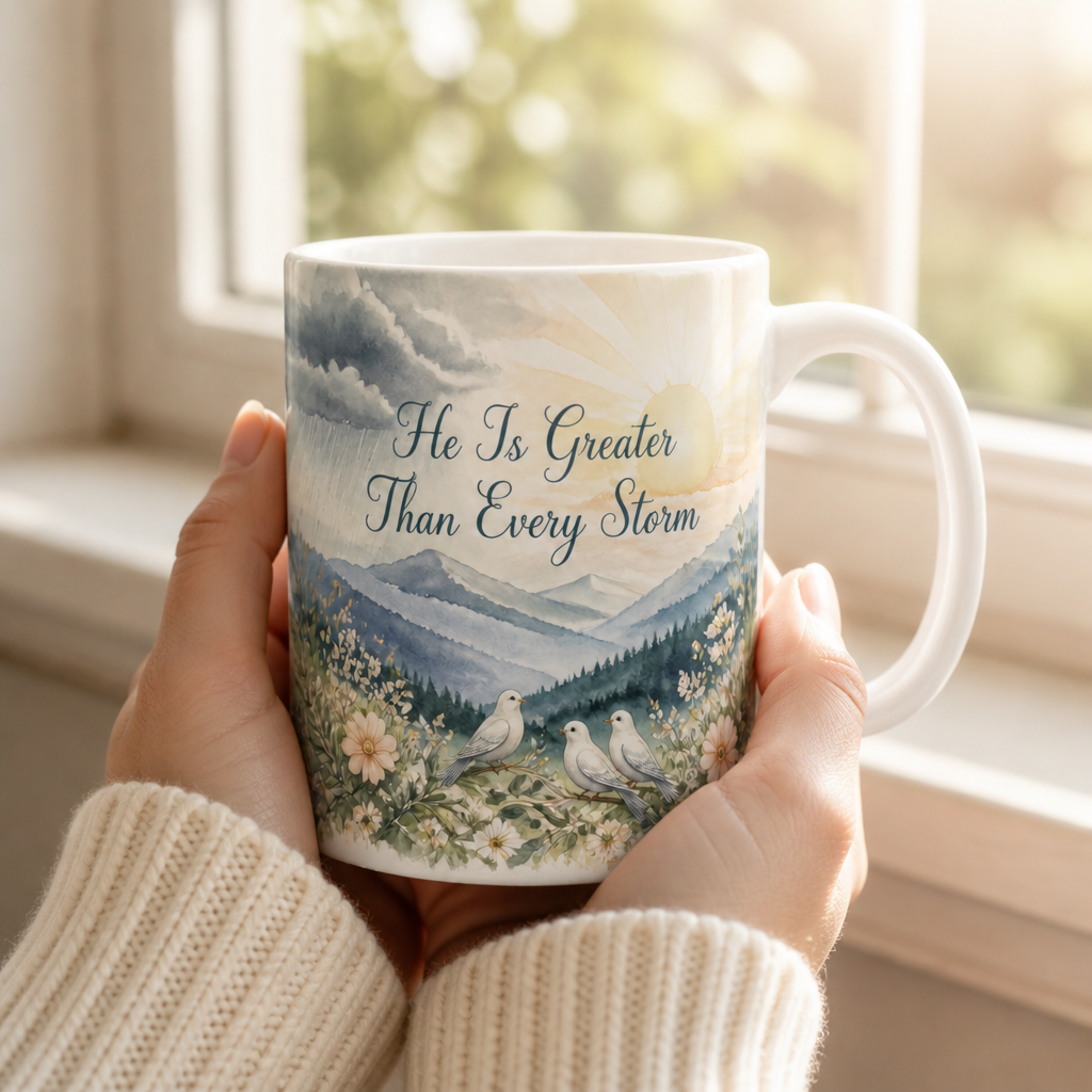Sunrise Above The Storm Ceramic Mug - Christian Coffee Mug, styled in the home