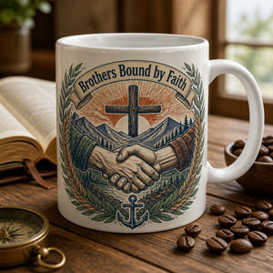 Sunrise Handshake Cross Ceramic Mug - Christian Coffee Mug, front view