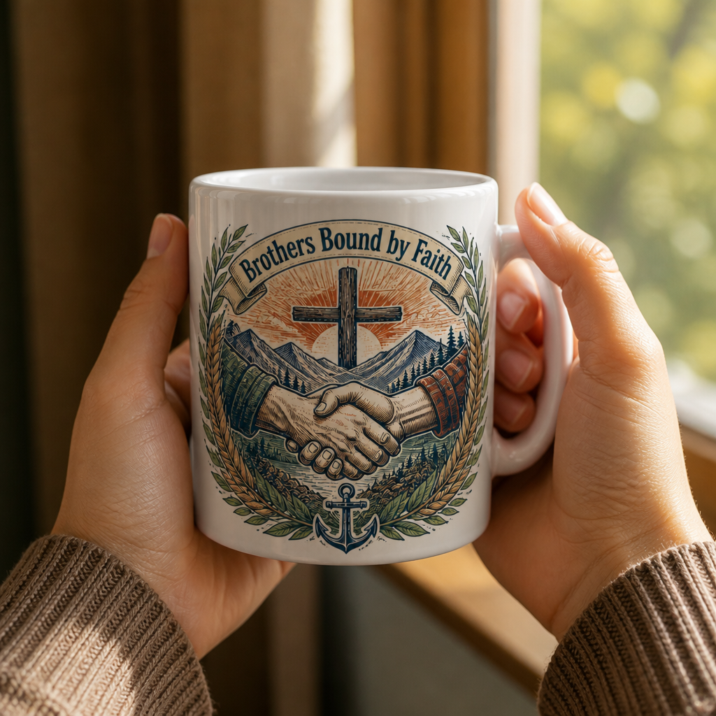 Sunrise Handshake Cross Ceramic Mug - Christian Coffee Mug, styled in the home