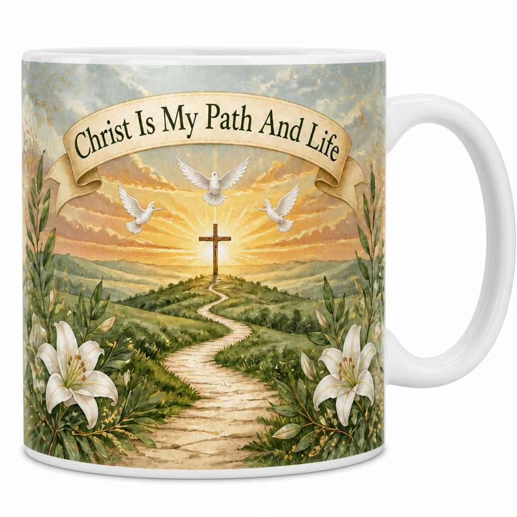 Sunrise Path To Christ Ceramic Mug - Christian Coffee Mug, detail view