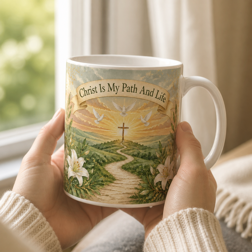 Sunrise Path To Christ Ceramic Mug - Christian Coffee Mug, styled in the home
