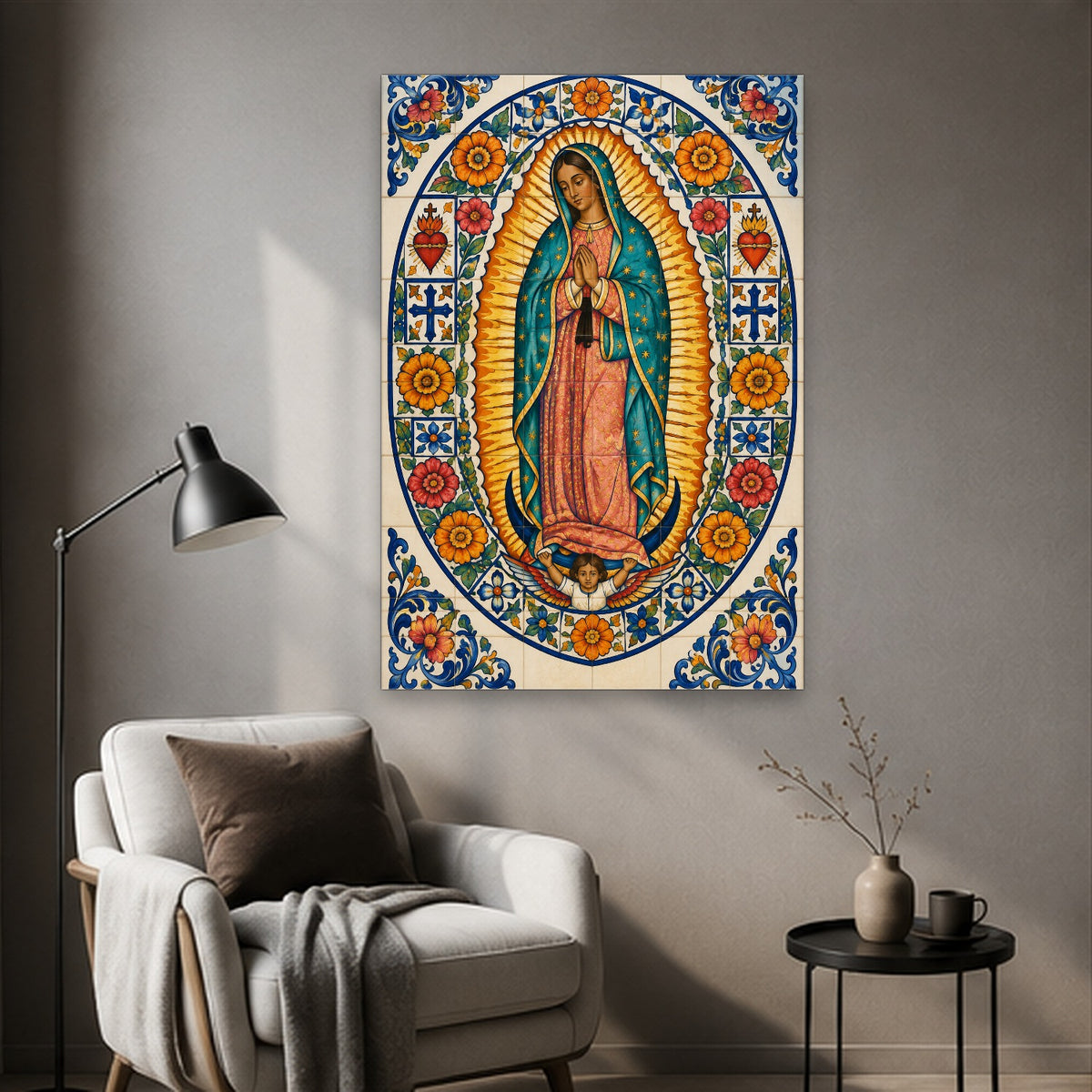 Talavera Morenita Canvas Wall Art - Catholic Wall Art, styled in the home