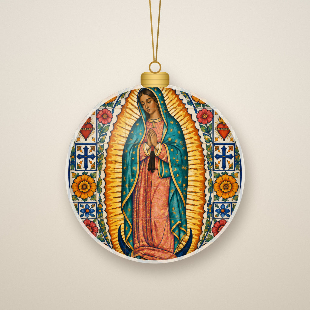 Talavera Morenita Ceramic Ornament - Catholic Christmas Ornament, front view