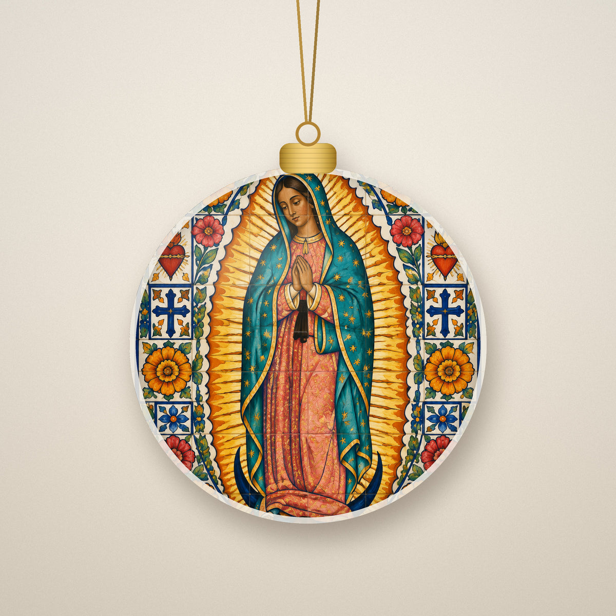 Talavera Morenita Ceramic Ornament - Catholic Christmas Ornament, front view