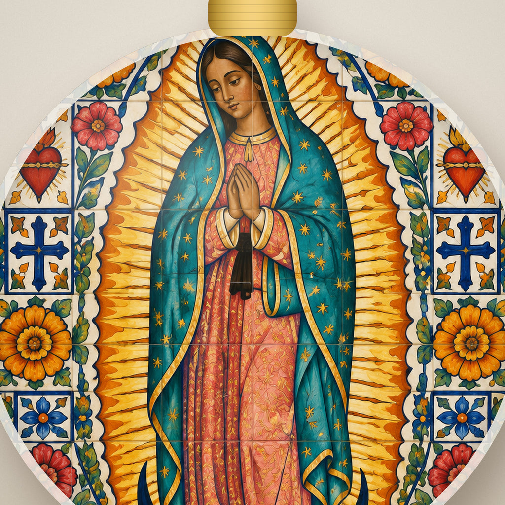 Talavera Morenita Ceramic Ornament - Catholic Christmas Ornament, detail view
