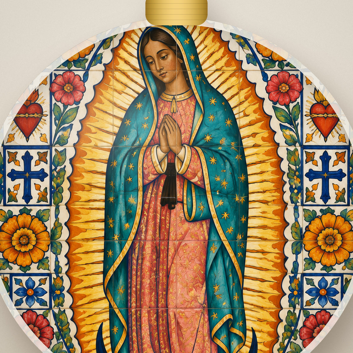 Talavera Morenita Ceramic Ornament - Catholic Christmas Ornament, detail view