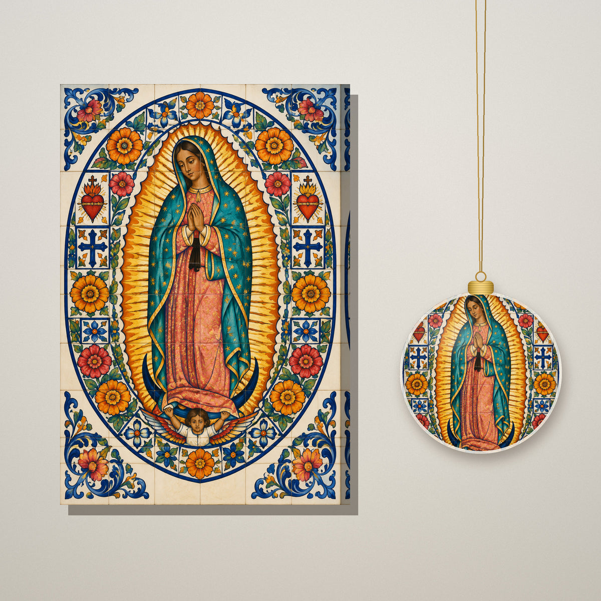 Talavera Morenita Ceramic Ornament - Catholic Christmas Ornament, styled in the home