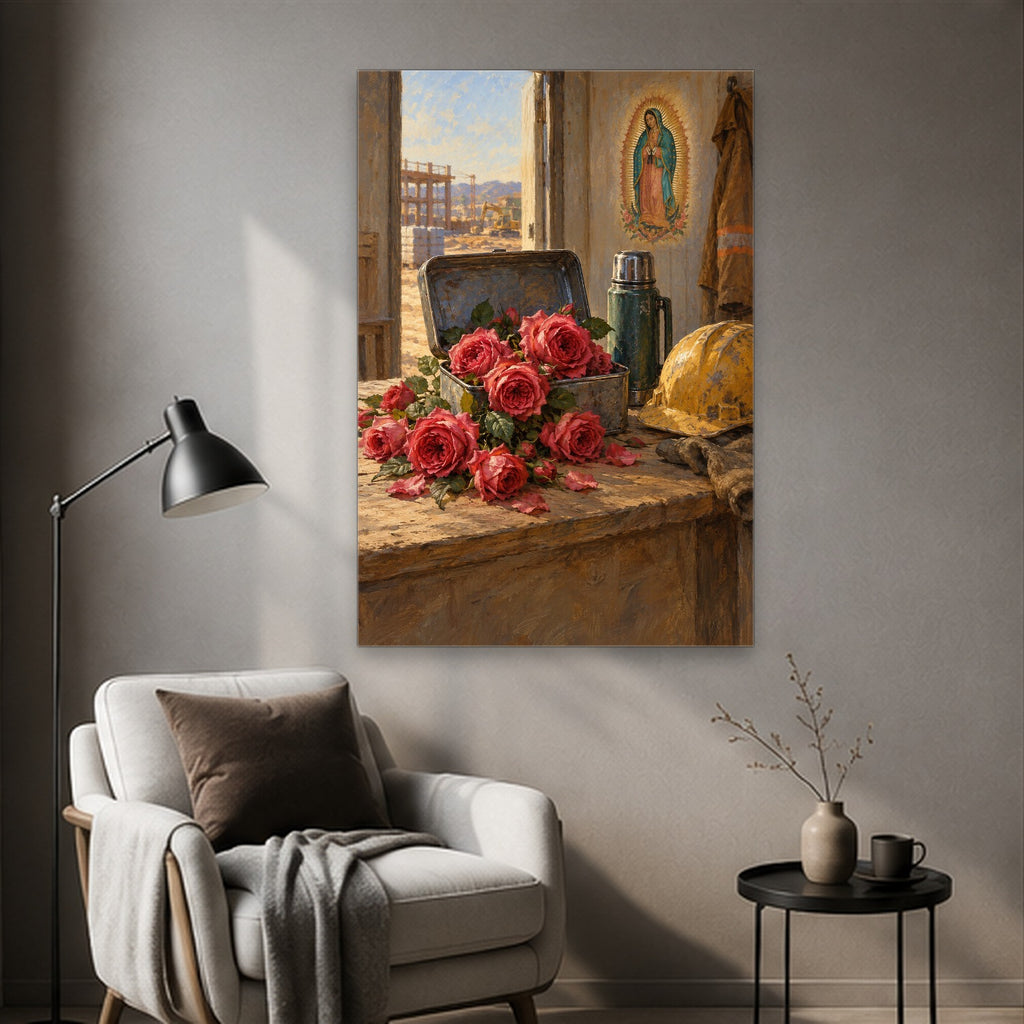 Tepeyac Roses in Oil Canvas Wall Art - Catholic Wall Art, styled in the home