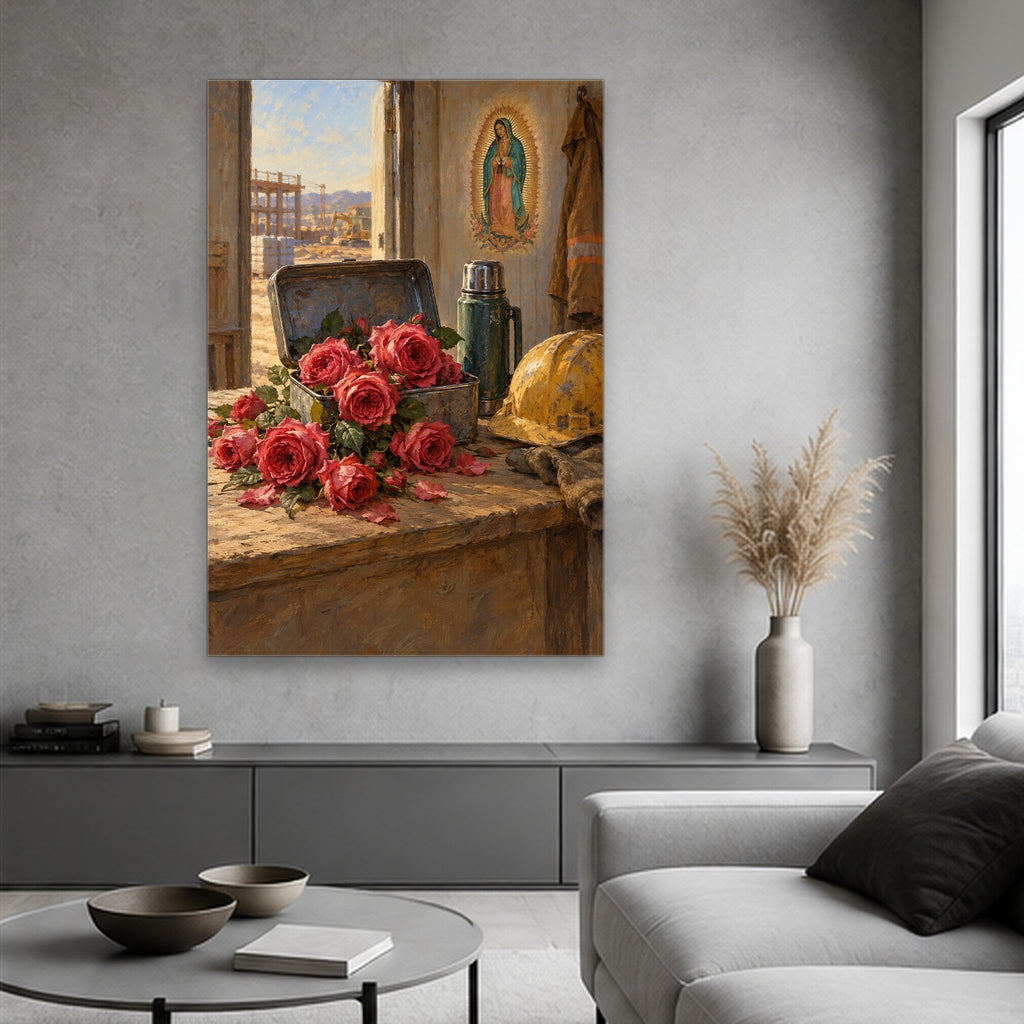 Tepeyac Roses in Oil Canvas Wall Art - Catholic Wall Art, hanging display