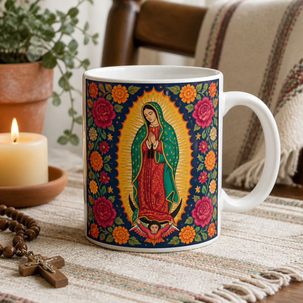 Tepeyac Roses Sunburst Ceramic Mug - Christian Coffee Mug, front view