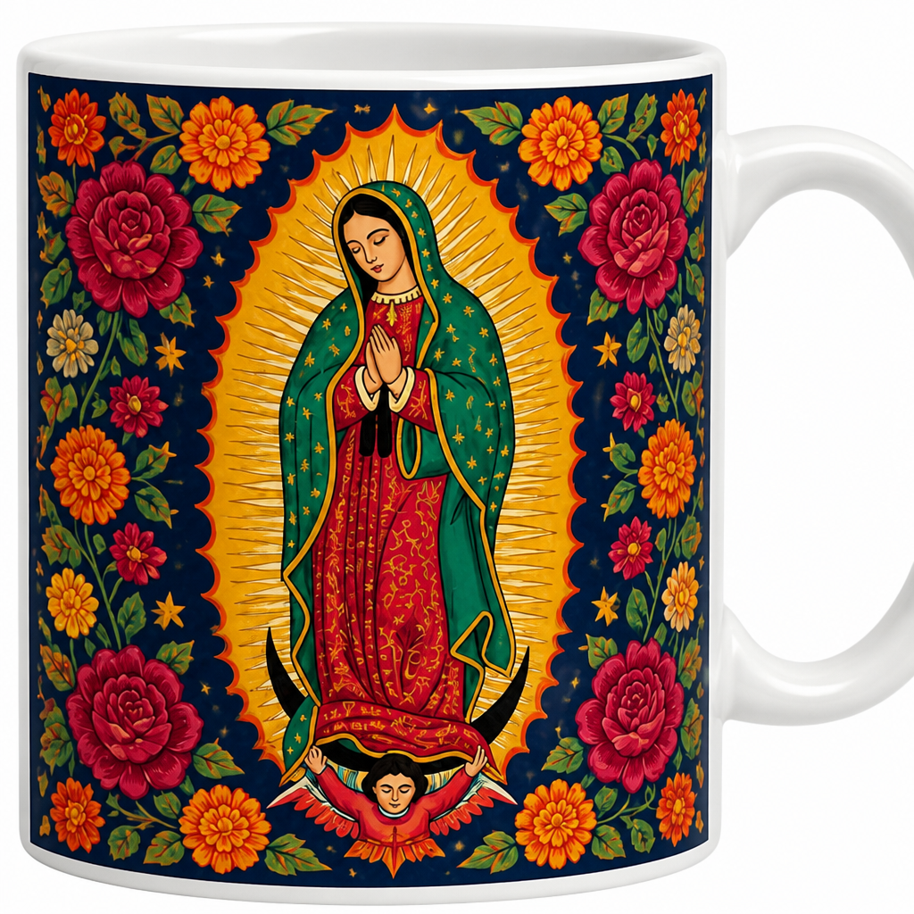 Tepeyac Roses Sunburst Ceramic Mug - Christian Coffee Mug, detail view