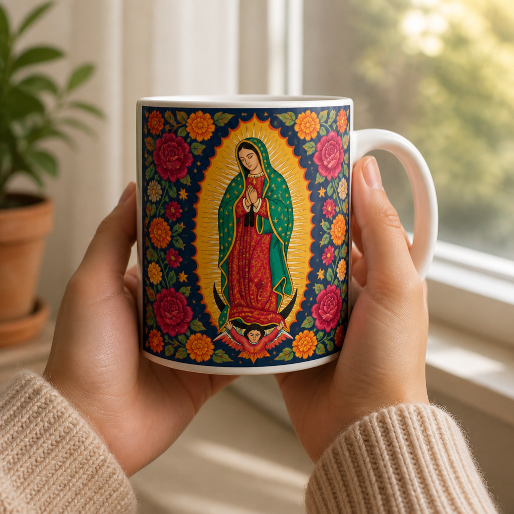 Tepeyac Roses Sunburst Ceramic Mug - Christian Coffee Mug, styled in the home