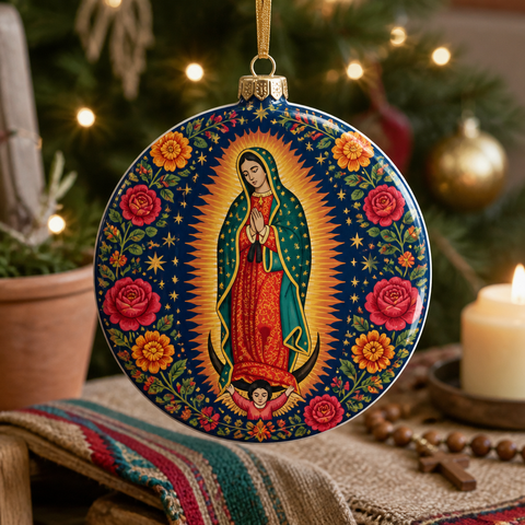 Tepeyac Roses Sunburst Ceramic Ornament - Christian Christmas Ornament, front view