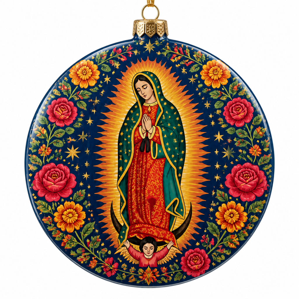 Tepeyac Roses Sunburst Ceramic Ornament - Christian Christmas Ornament, detail view