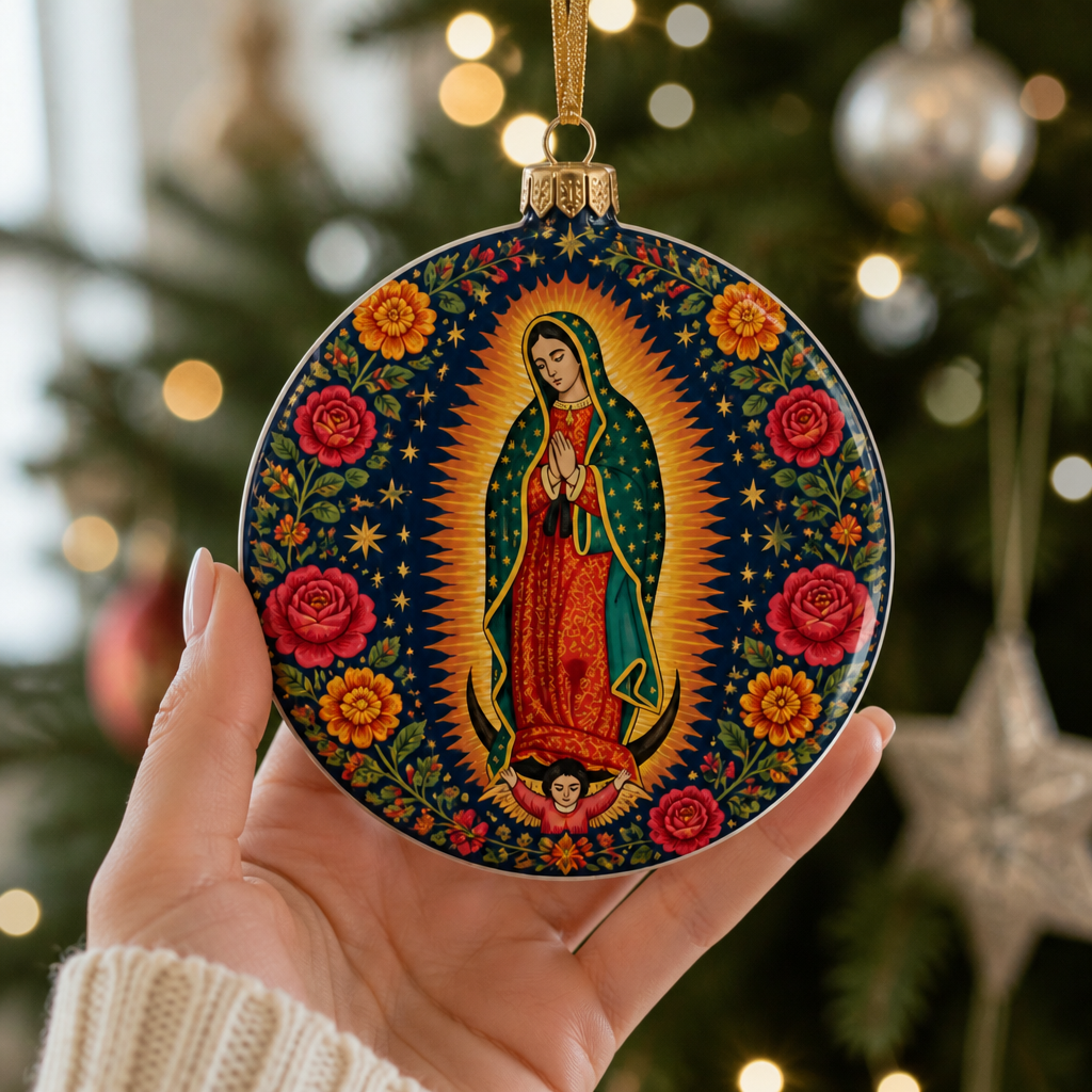 Tepeyac Roses Sunburst Ceramic Ornament - Christian Christmas Ornament, styled in the home