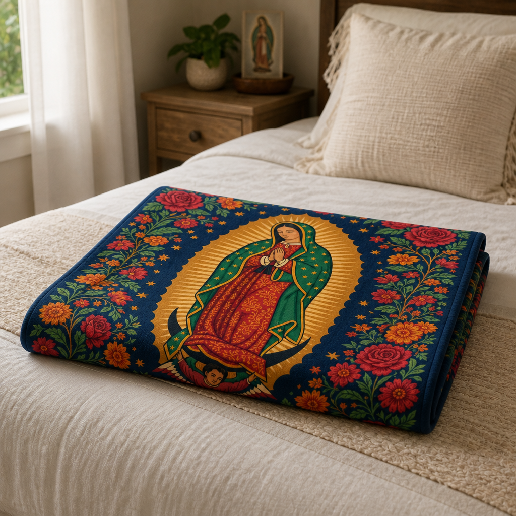 Tepeyac Roses Sunburst Fleece Blanket - Christian Blanket, styled in the home