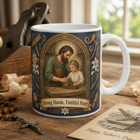 The Carpenter's Workshop Ceramic Mug - Christian Coffee Mug, front view