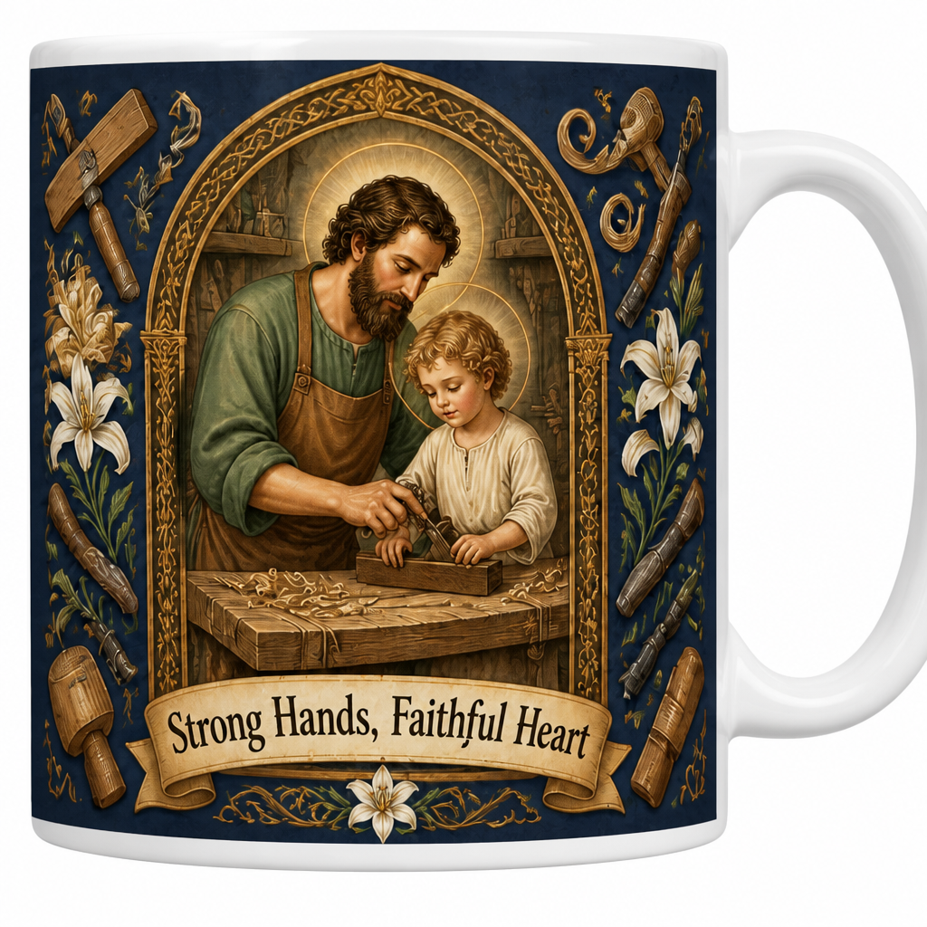 The Carpenter's Workshop Ceramic Mug - Christian Coffee Mug, detail view
