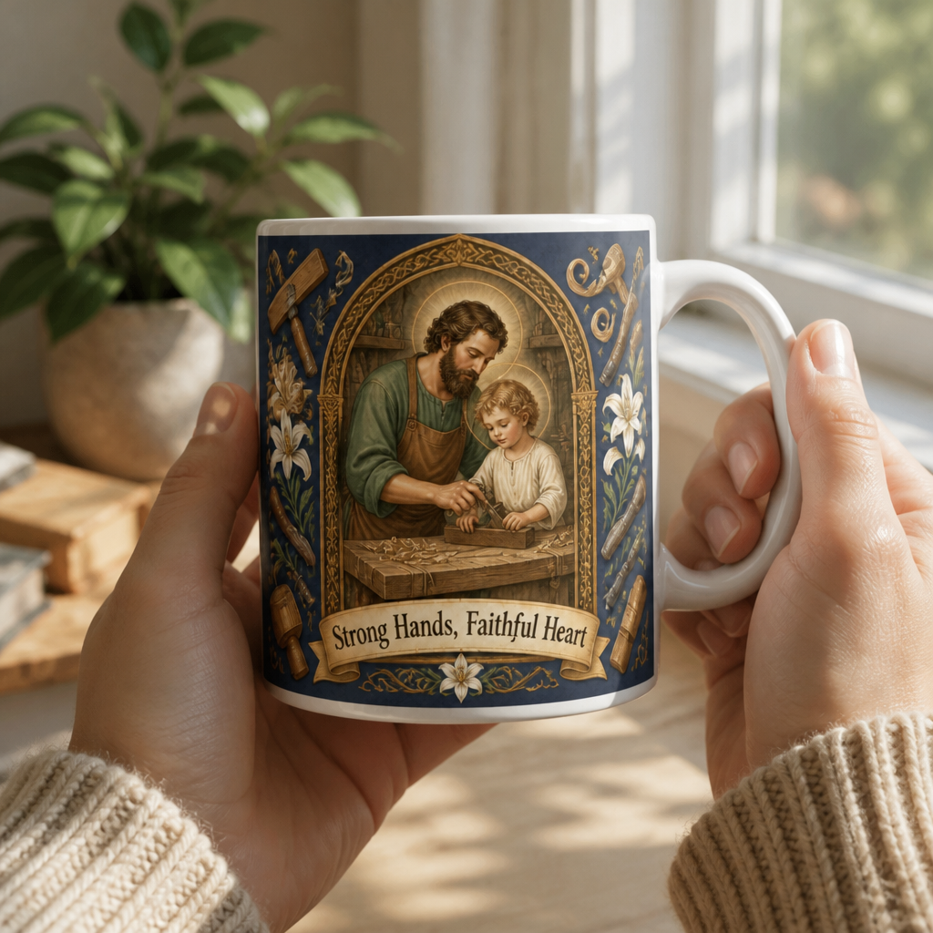The Carpenter's Workshop Ceramic Mug - Christian Coffee Mug, styled in the home