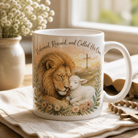 The Lion Keeps The Lamb Ceramic Mug - Christian Coffee Mug, front view