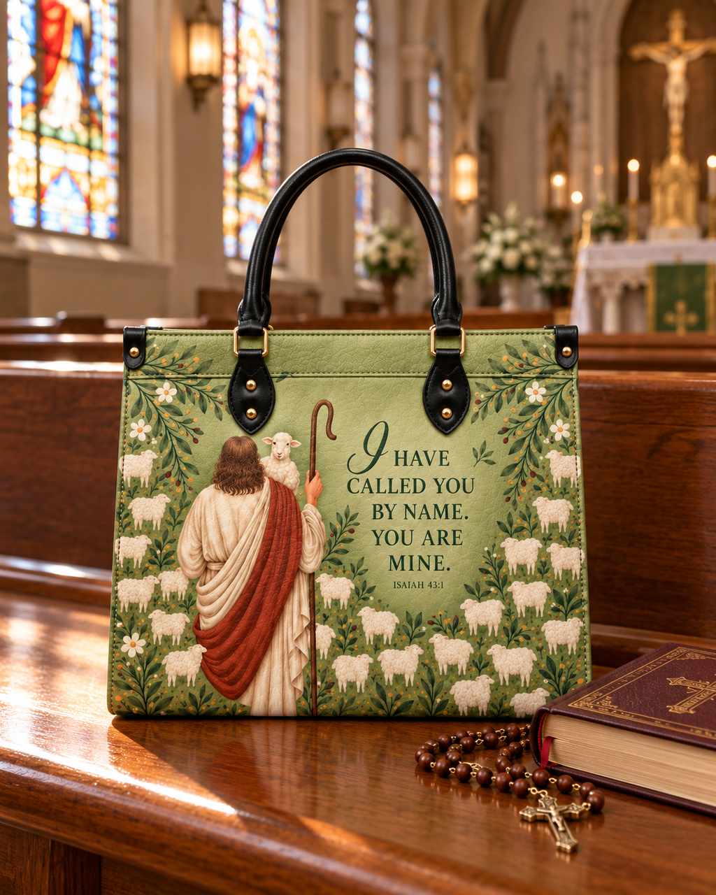 The Shepherd's Grace Leather Handbag - Christian Handbag, hanging display