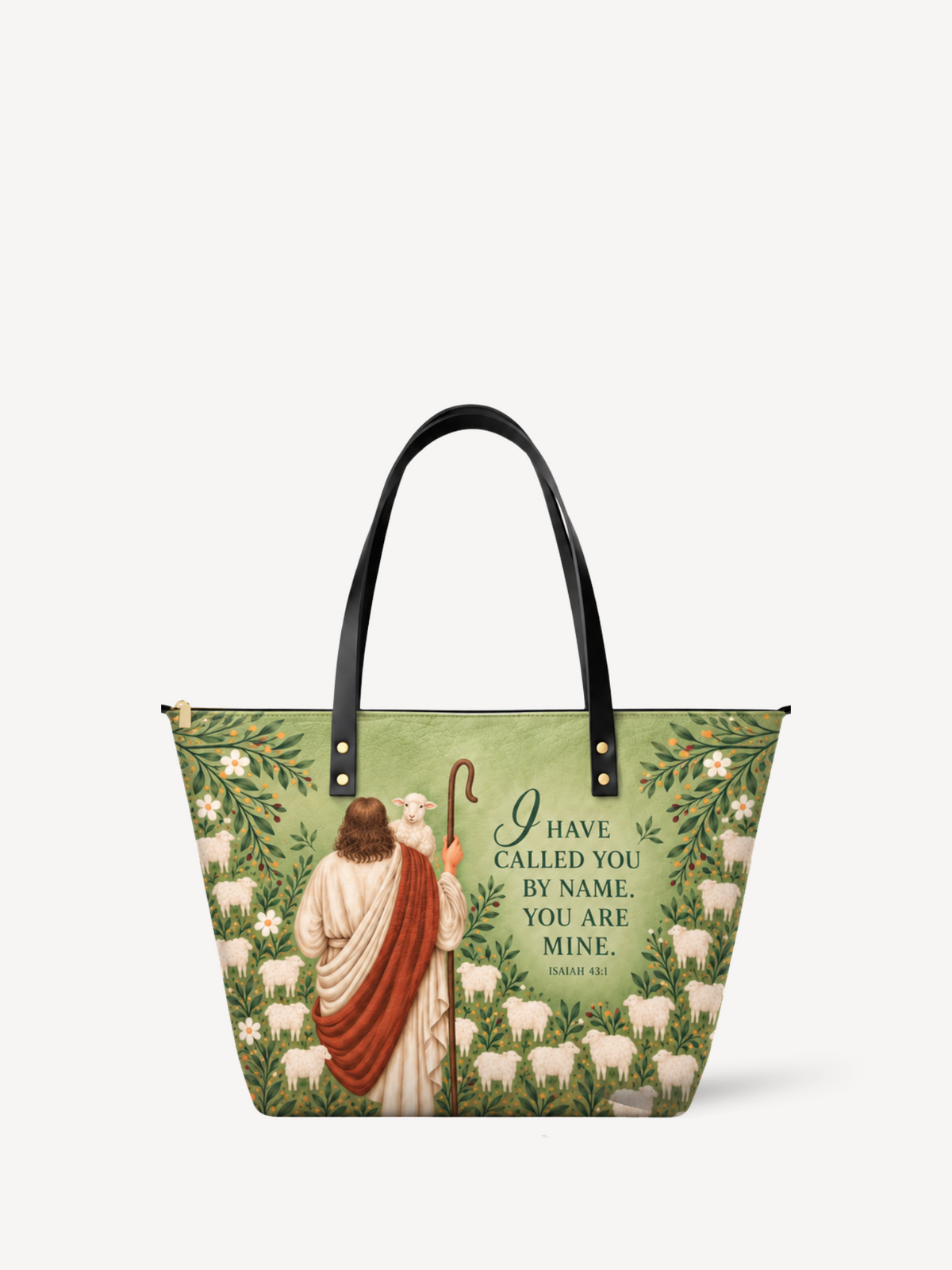 The Shepherd's Grace Leather Tote Bag - Christian Tote Bag, front view