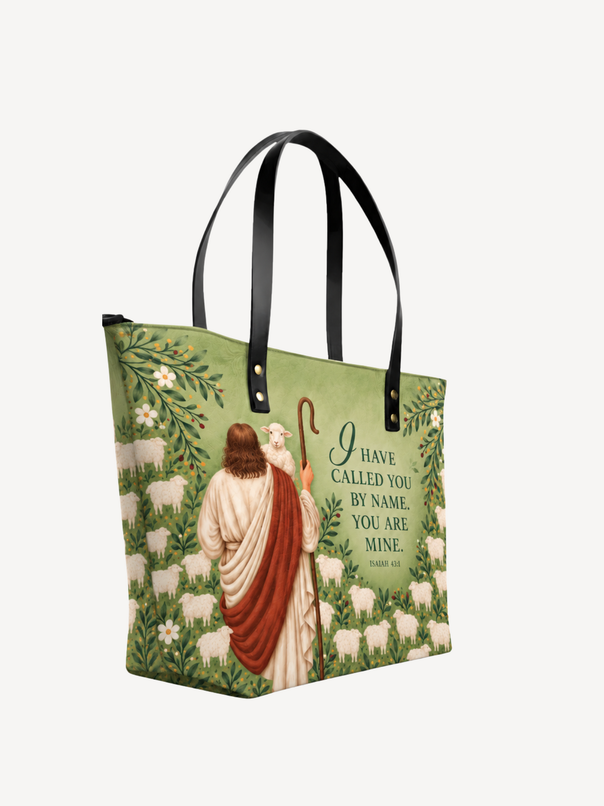The Shepherd's Grace Leather Tote Bag - Christian Tote Bag, detail view