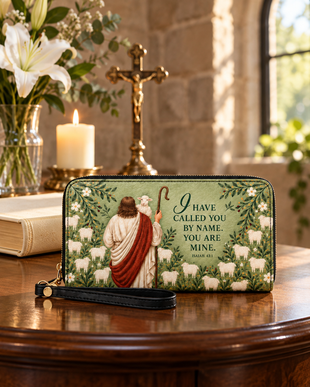 The Shepherd's Grace Leather Wallet - Christian Wallet, close-up of the print
