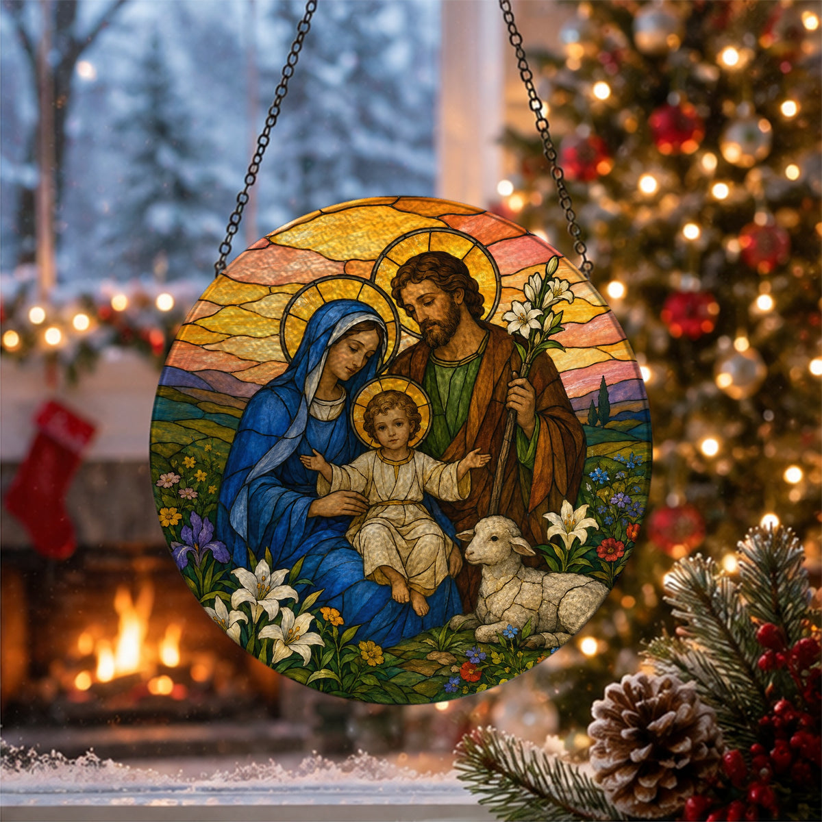 Tres Corda Glass Suncatcher - Catholic Suncatcher, close-up of the print
