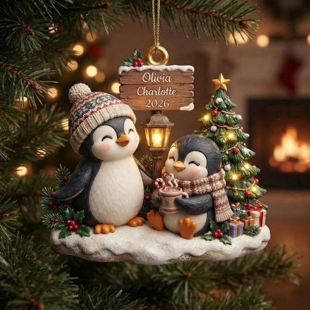 Two Penguins Christmas Holiday Scene Acrylic Ornament - Acrylic Christmas Ornament, front view