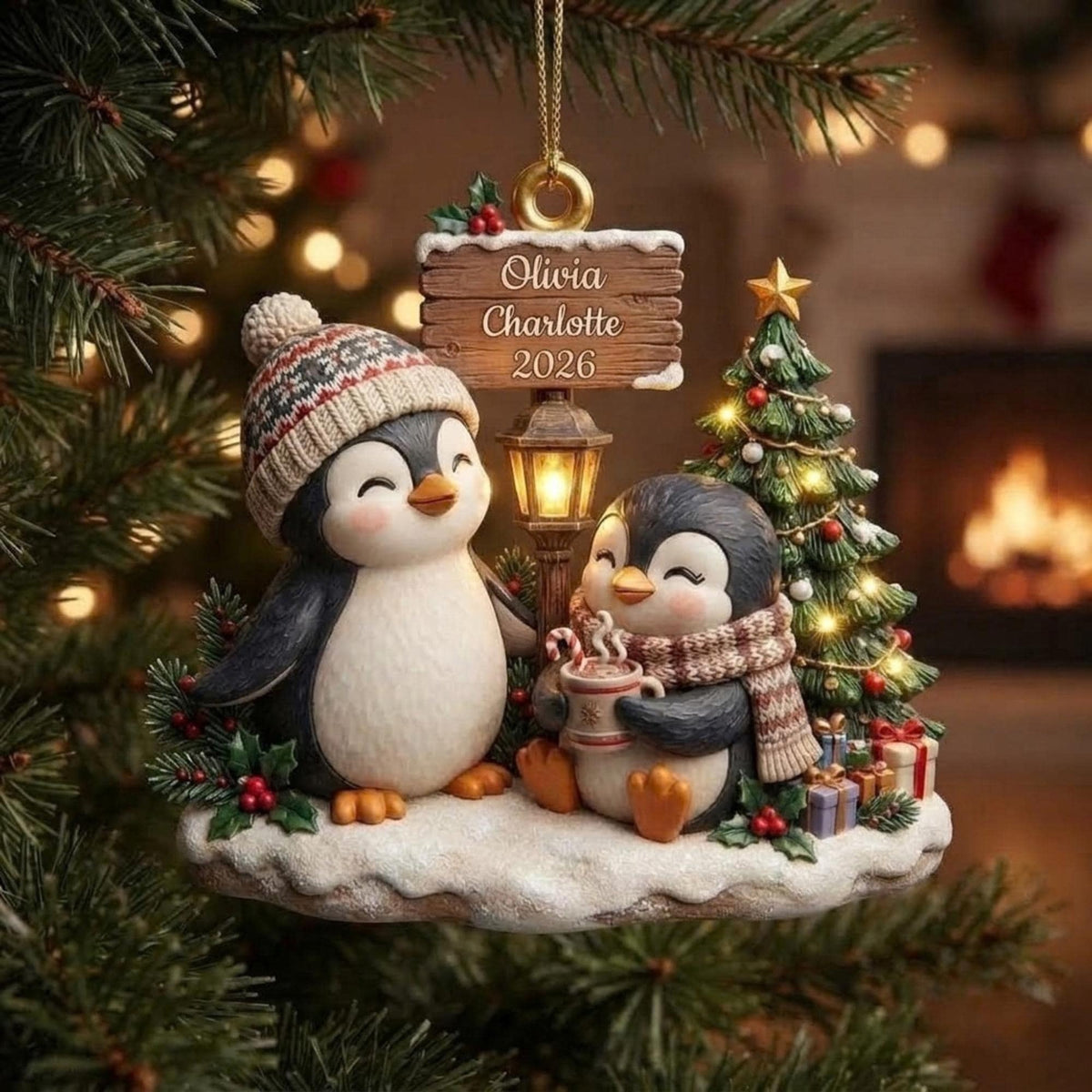 Two Penguins Christmas Holiday Scene Acrylic Ornament - Acrylic Christmas Ornament, front view