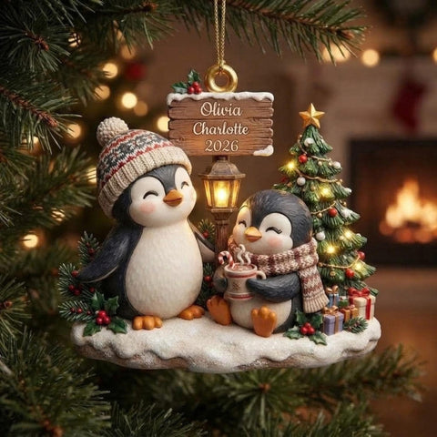Two Penguins Christmas Holiday Scene Acrylic Ornament - Acrylic Christmas Ornament, front view