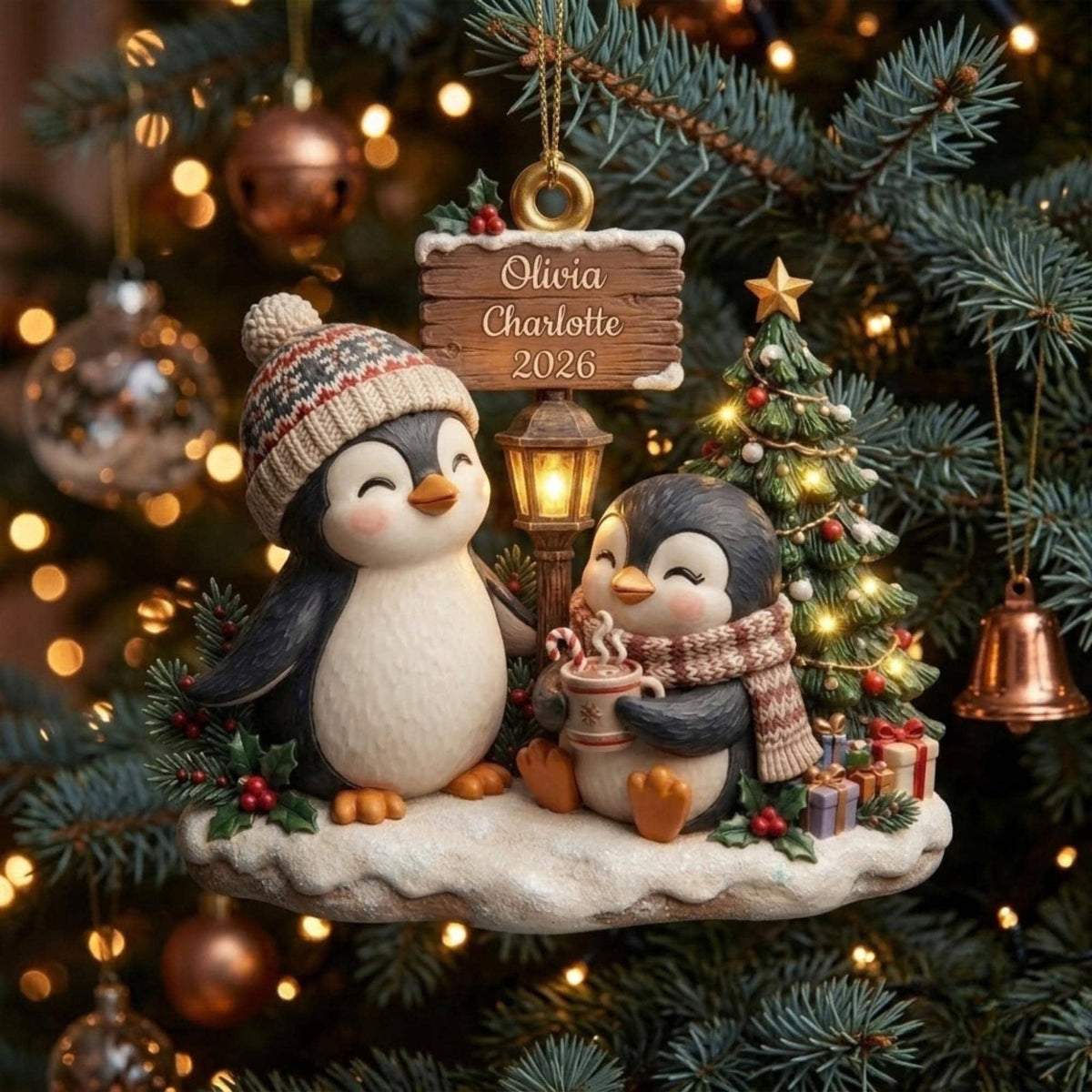 Two Penguins Christmas Holiday Scene Acrylic Ornament - Acrylic Christmas Ornament, detail view