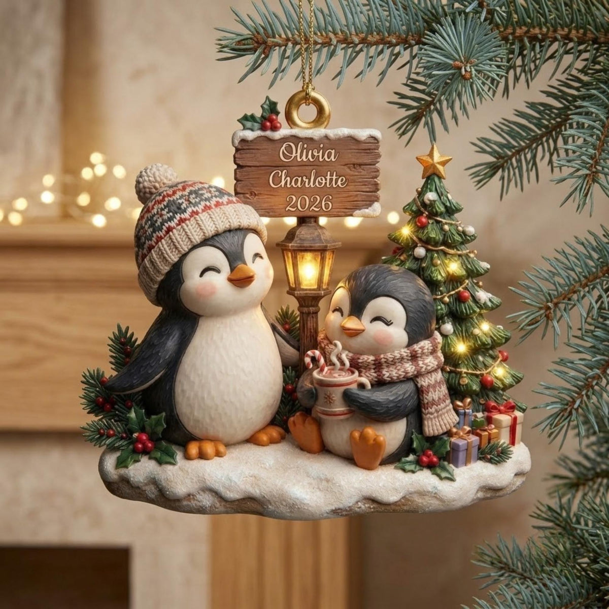 Two Penguins Christmas Holiday Scene Acrylic Ornament - Acrylic Christmas Ornament, styled in the home