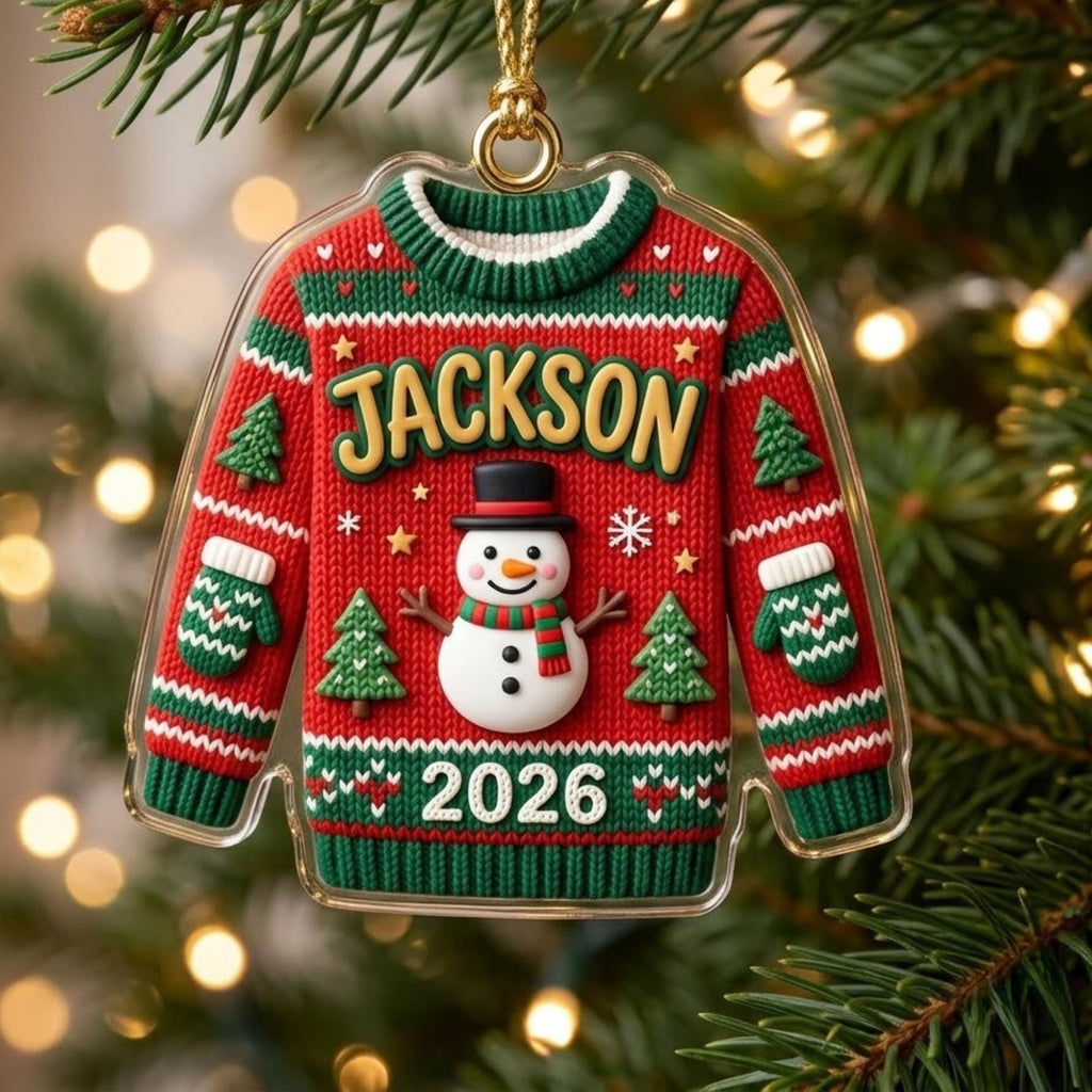 Ugly Sweater Snowman Christmas Tree Acrylic Ornament - Acrylic Christmas Ornament, front view