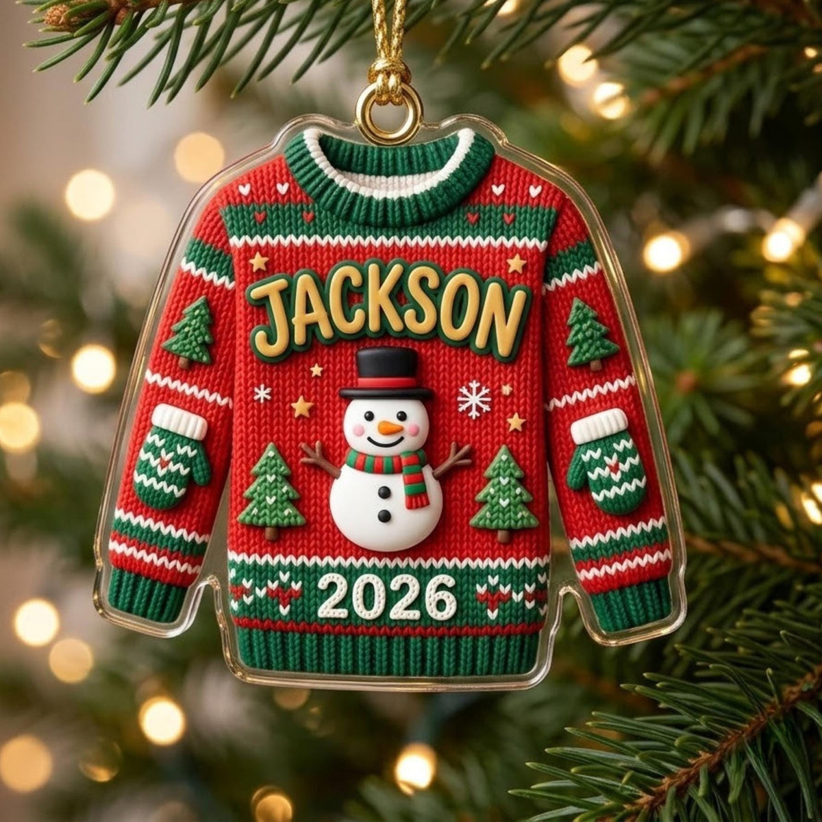 Ugly Sweater Snowman Christmas Tree Acrylic Ornament - Acrylic Christmas Ornament, front view