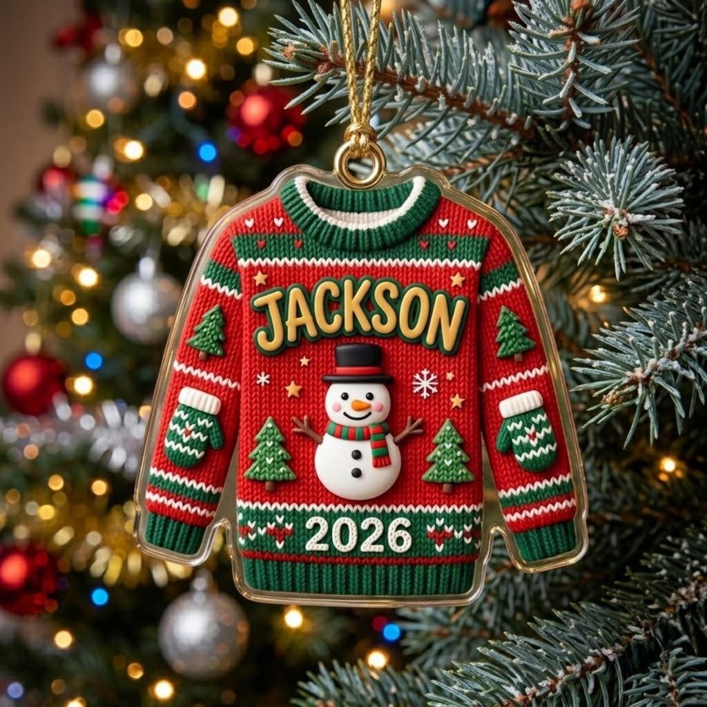 Ugly Sweater Snowman Christmas Tree Acrylic Ornament - Acrylic Christmas Ornament, detail view
