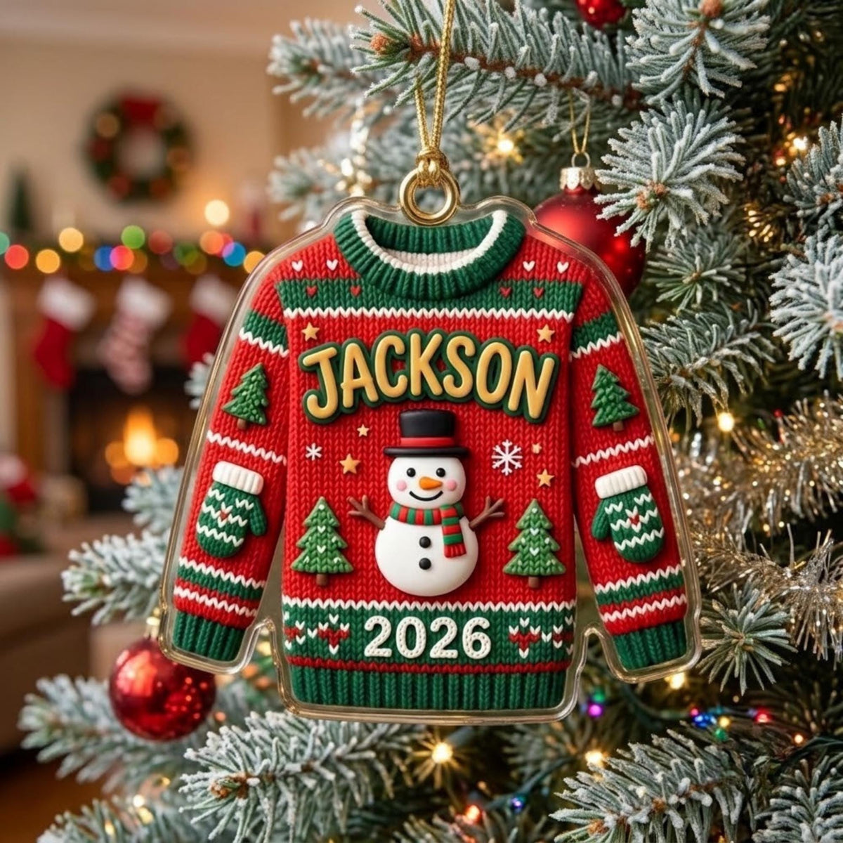 Ugly Sweater Snowman Christmas Tree Acrylic Ornament - Acrylic Christmas Ornament, styled in the home