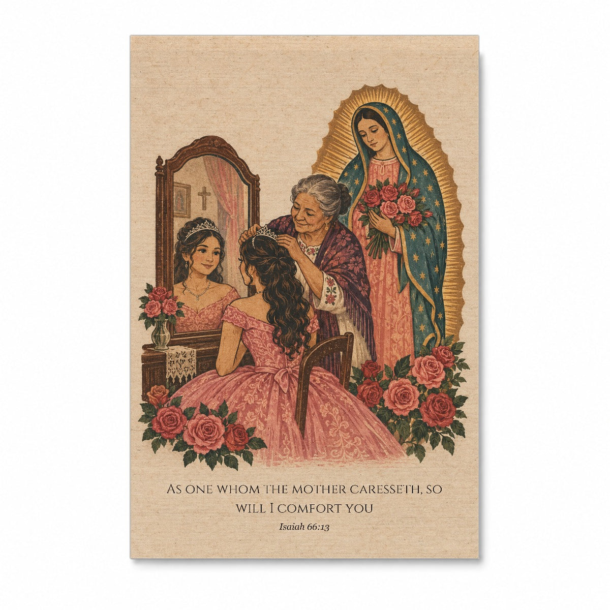 Under Her Mantle in Woodblock Canvas Wall Art - Catholic Wall Art, front view