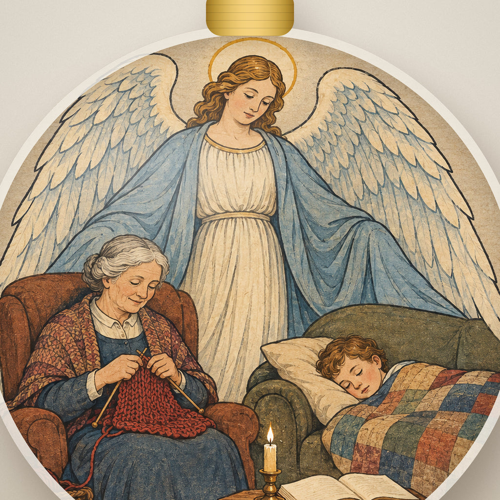 Under His Wings Ceramic Ornament - Catholic Christmas Ornament, detail view